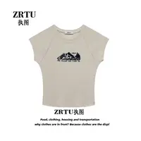 ZRTU 夏季复古简约植绒印花ins风休闲显瘦T恤短袖