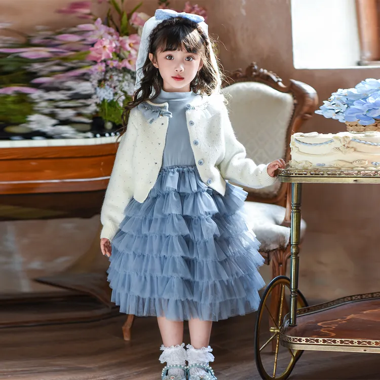 女童公主裙秋装2025新款洋气儿童针织开衫连衣裙女孩小香风两件套