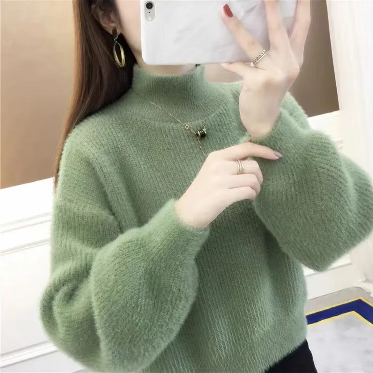 水貂绒毛衣女秋冬新款外穿上衣半高领加厚小个子宽松针织打底衫潮