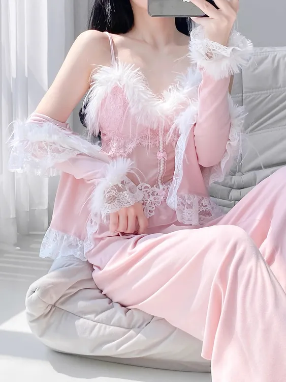 2025秋冬新款女士时尚性感睡衣加绒加厚羽毛蕾丝吊带长裤长袖家居