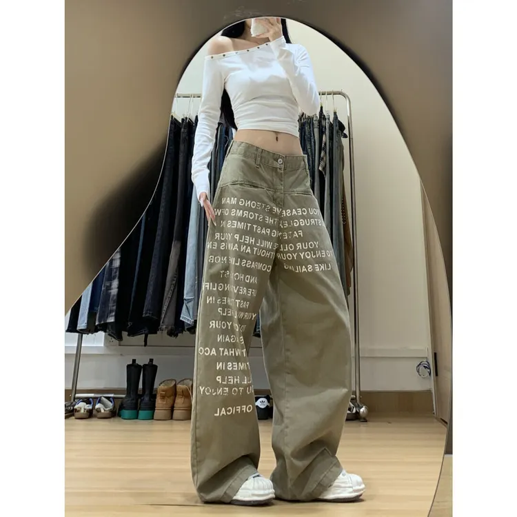 美式字母印花工装弯刀牛仔裤男女同款秋季高腰宽松显瘦直筒阔腿裤