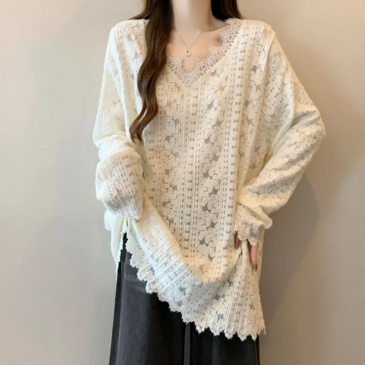 超好看提花V领正肩蕾丝衫长袖T恤女2025早秋装大码胖mm中长款上衣