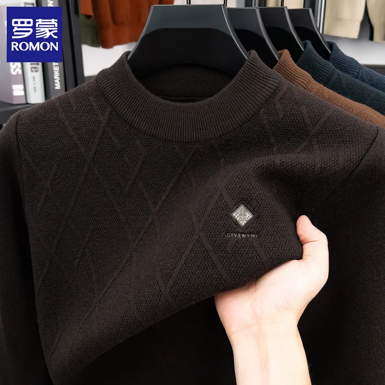 罗蒙冬季新款一体绒圆领毛衣男士毛衫加绒加厚爸爸保暖针织打底衫