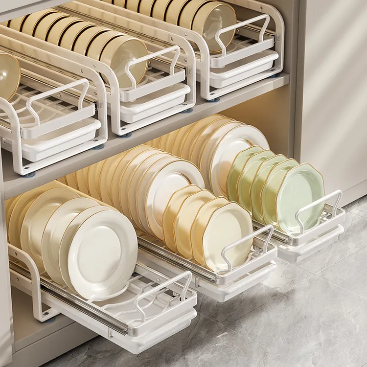 厨房抽拉式收纳柜抽拉滑轨家用橱柜多功能碗盘收纳架调料整理架