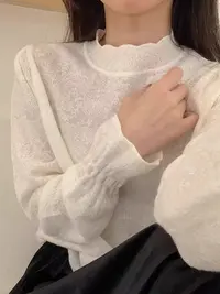 9233三炫新款圆领纯色花边袖长袖打底上衣