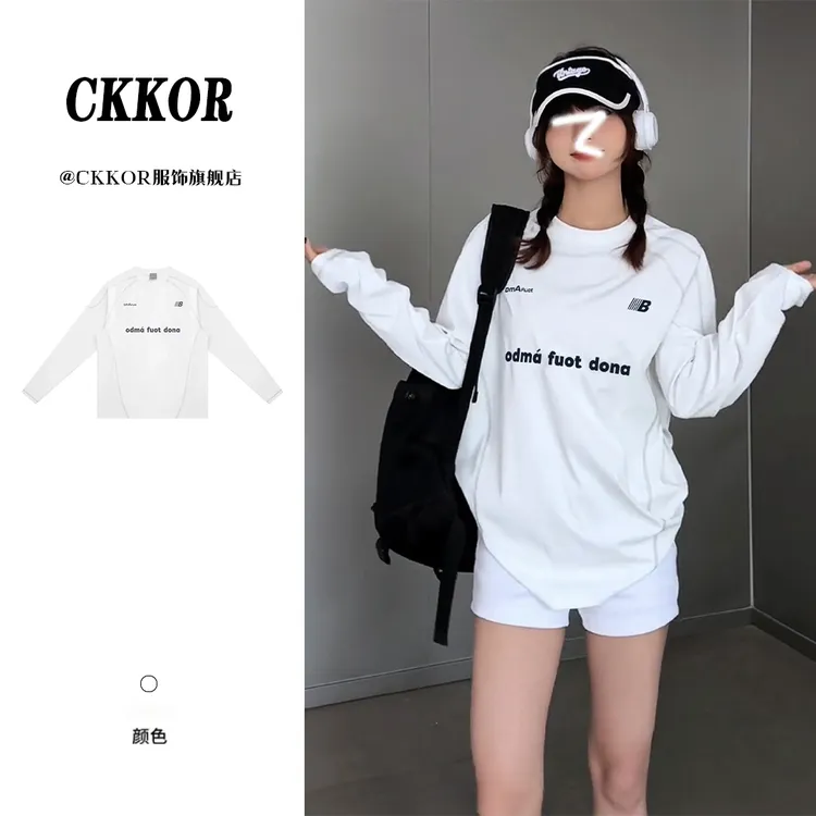 CKKOR时尚高级感宽松上衣服早秋新款字母印花拼接长袖圆领运动t恤