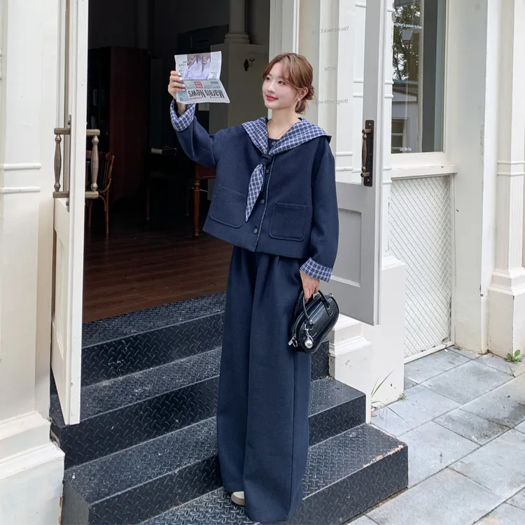 可拆卸格子连帽披肩套装裤2025秋冬新款小众韩系ins慵懒风三件套