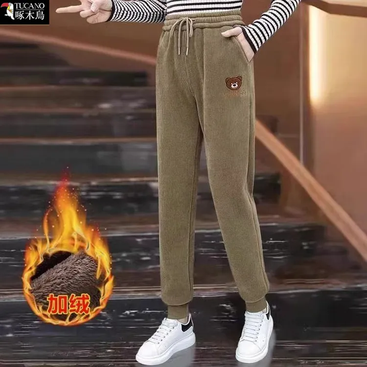 啄木鸟正品2025年秋冬季哈伦裤纯色休闲裤保暖长裤宽松时尚百搭女