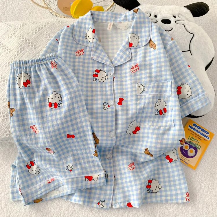 『蓝格KT猫』短袖夏季新款卡通休闲舒适甜美可爱开衫少女家居服睡衣