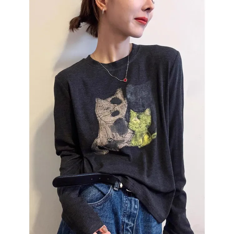芊芊芙小猫印花面膜长袖T恤女2025秋装新款欧货女装洋气打底衫潮
