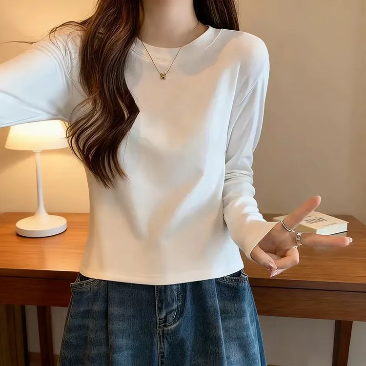  欧货白色纯棉长袖打底衫女内搭2025秋季新款显瘦时尚爆款上衣潮