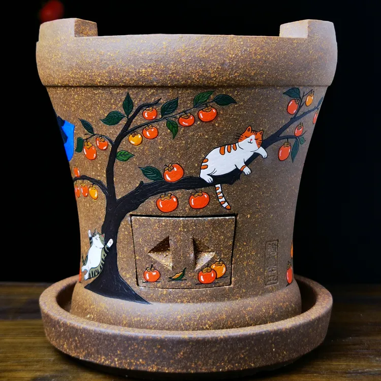 雕刻手绘主题定制【柿事如意-夕阳炭炉】 潮州高档手工炭炉四件套