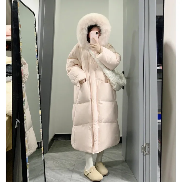 粉色大毛领棉服女长款2025冬季新款韩系宽松加厚过膝棉衣棉袄外套