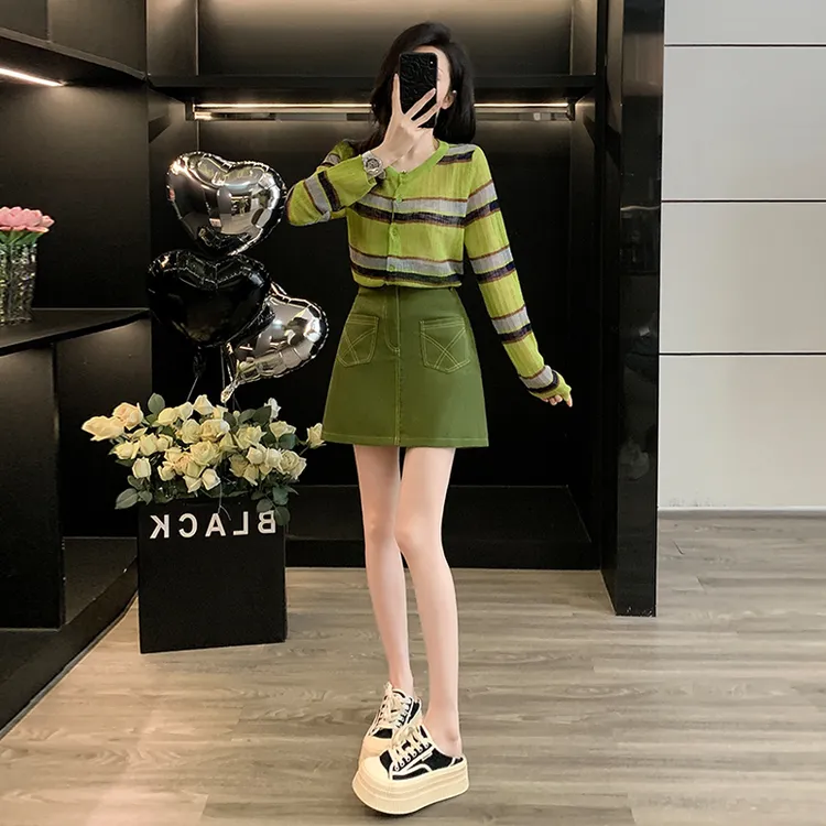 撞色条纹长袖针织开衫宽松显瘦上衣洋气休闲半身裙防走光A字短裙