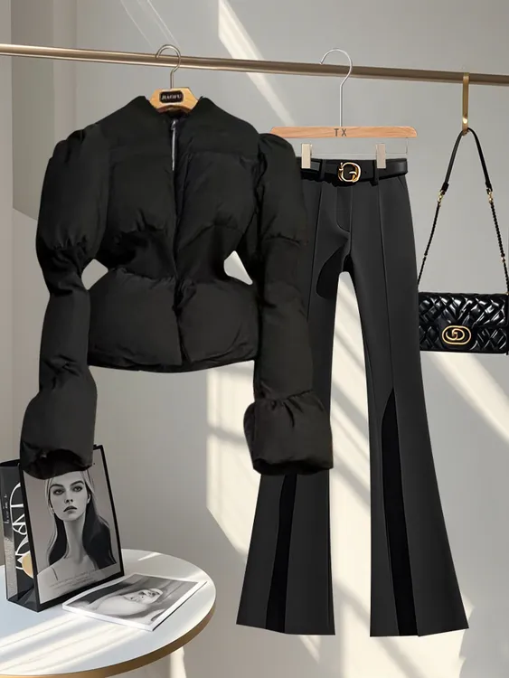 时尚女装一整套2025秋冬新款洋气喇叭袖棉服外套休闲微喇裤两件套