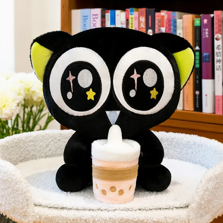 奶茶罗小黑战记黑色猫咪毛绒玩具大眼猫公仔可爱猫抱枕猫大号礼物