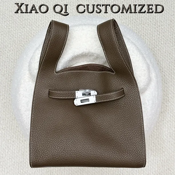 Xiao Qi头层牛皮粉色菜篮子个性时尚背心手提包单肩斜挎小众高质