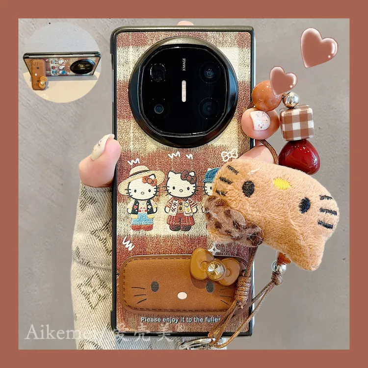 适用华为mateX6折叠屏手机壳MateX5典藏版棕皮质kt猫咪X3折叠支架