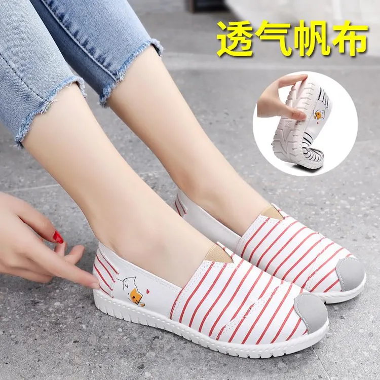 帆布鞋女春夏一脚蹬平底老北京布鞋女休闲透气韩版懒人单鞋子软底