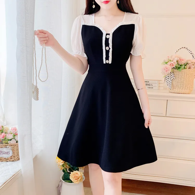 大码女装泡泡袖连衣裙2024夏装新款韩版遮肉显瘦气质拼接中长裙潮