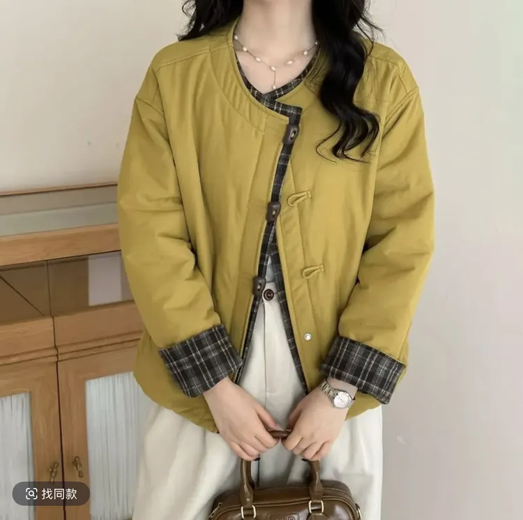 2025新款韩系撞色时尚百搭宽松显瘦设计感圆领厚款冬季棉服上衣