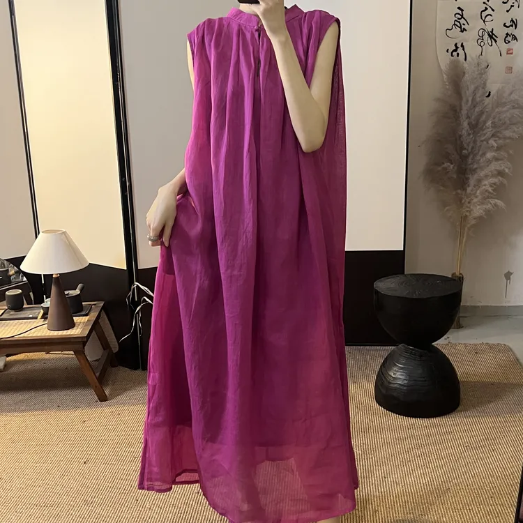 夏季新款复古文艺纯色后背系带领口盘扣连衣裙