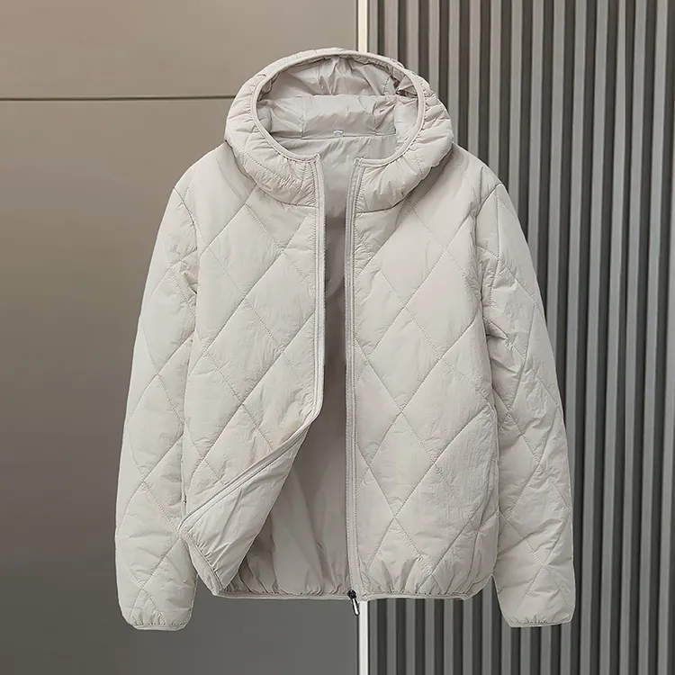 秋冬季男士轻薄款棉衣短款休闲百搭菱形格连帽情侣款棉服女士外套