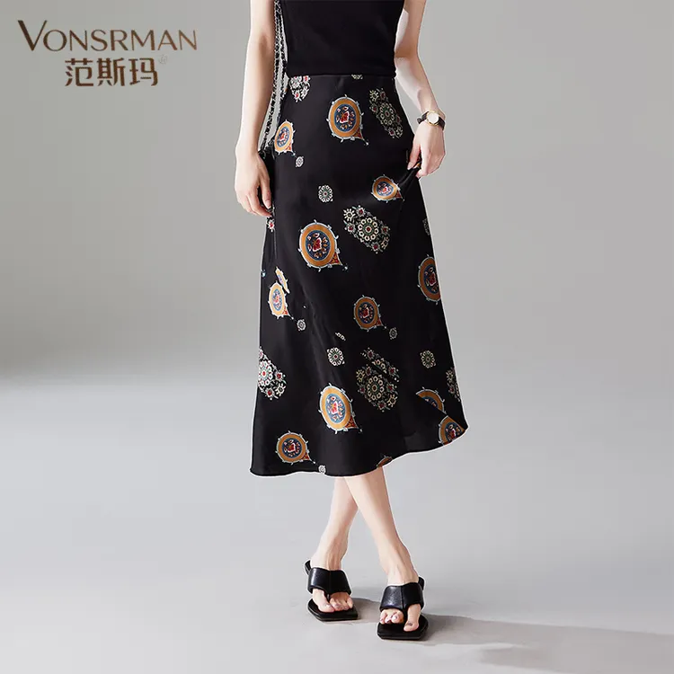 VONSRMAN2025夏季新款流行含桑蚕丝高腰宽松显瘦垂顺印花半身裙女