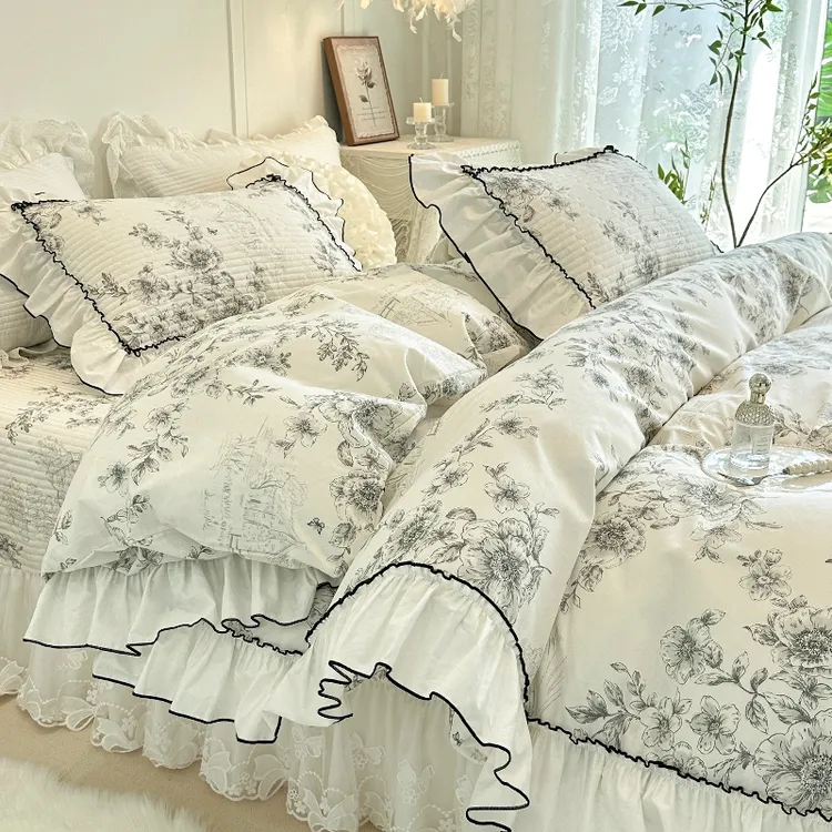 法式高级感全棉亲肤床盖四件套纯棉蕾丝花边被套被单夹棉床单床品