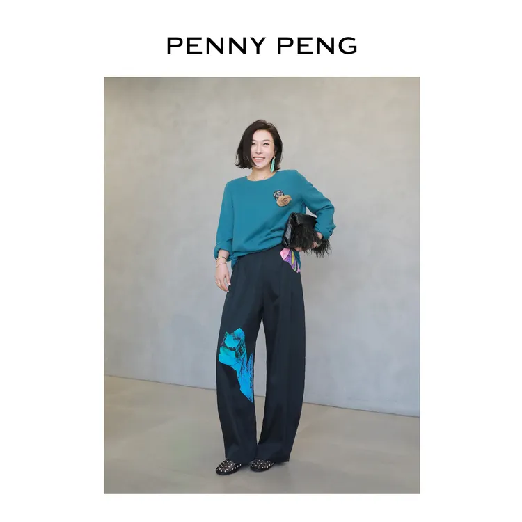 PENNYPENG夏日画廊100棉舒适透气设计师百搭藏蓝色休闲印花香蕉裤