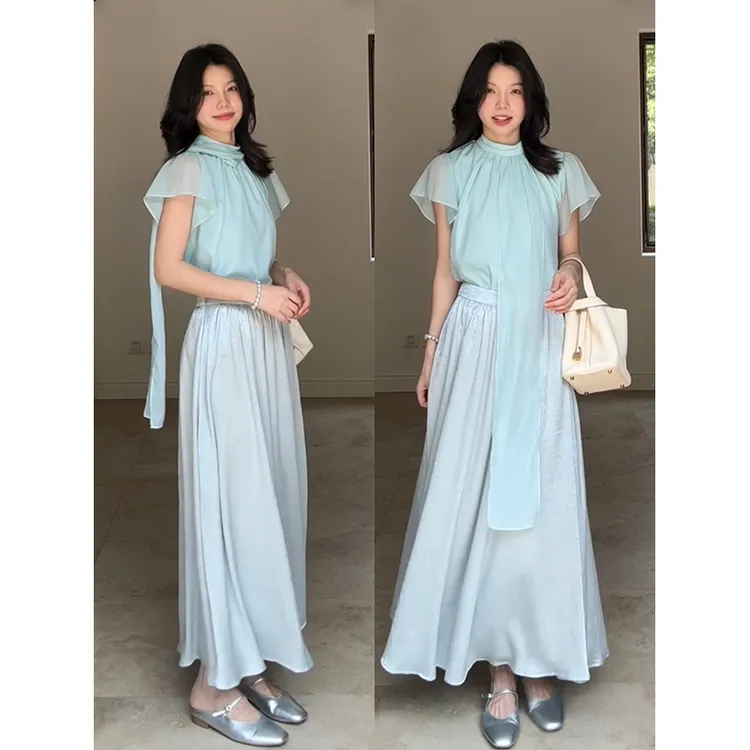 郭九九呢 法式气质显瘦飘带短袖衬衫高腰宽松半身裙 G925A08734