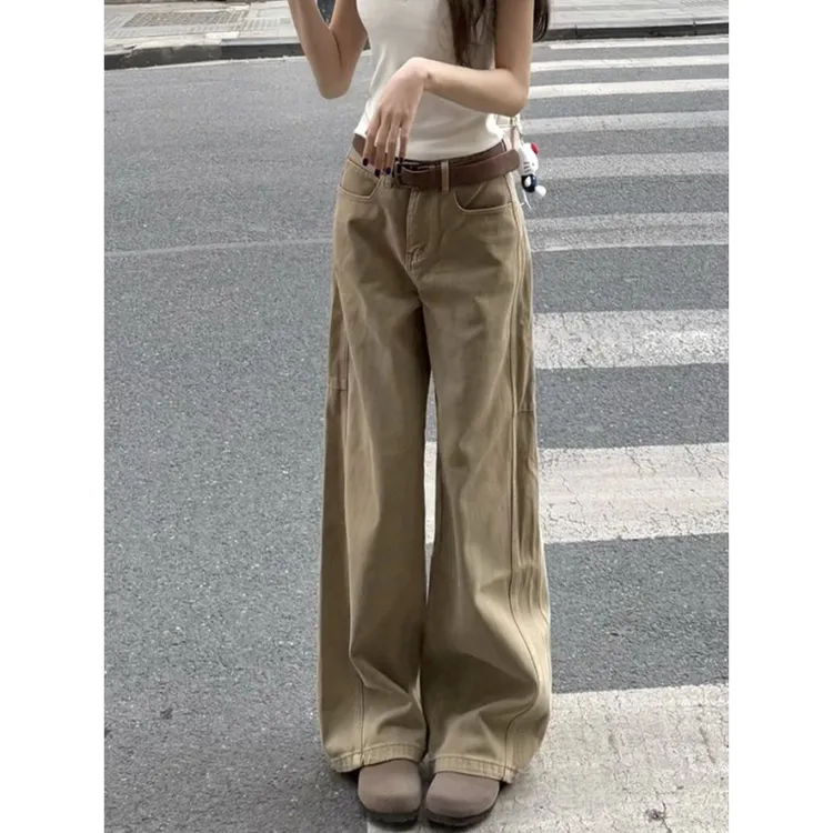 卡其色美式牛仔裤女秋胖mm显瘦高腰美式阔腿牛仔裤女直筒拖地裤