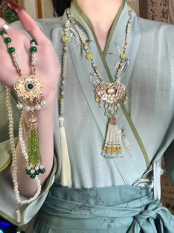 铜仿珍珠项链 女国风汉服璎珞流苏长背云平安锁新中式马面裙配饰 