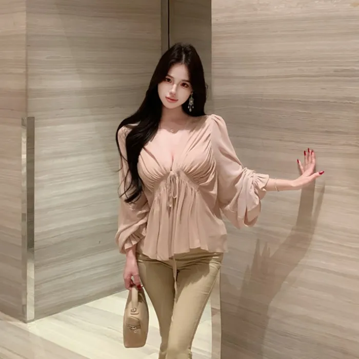 法式V领雪纺衬衫女秋季千金风气质宽松显瘦长袖超好看小个子上衣