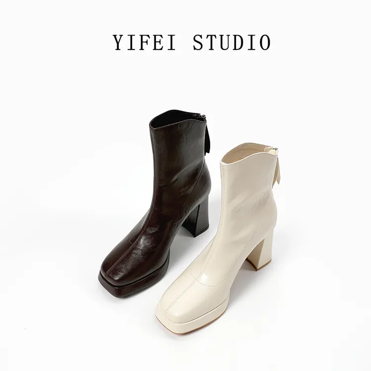 【跟高8CM】防水台厚底短靴粗跟棕色瘦瘦靴高跟鞋秋冬阔腿裤必备鞋