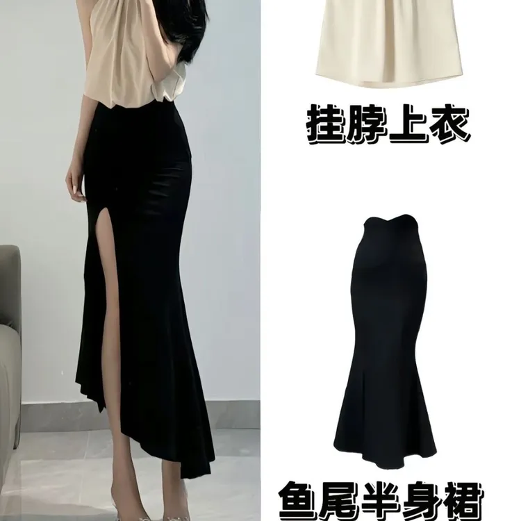 大码女装夏季套装2025新款时尚纯欲风轻熟显瘦气质黑色开叉包臀裙