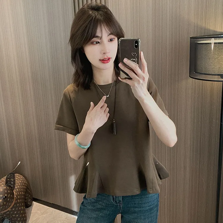 高含棉洋气简约荷叶边下摆短袖t恤女2025年夏季新款宽松显瘦上衣