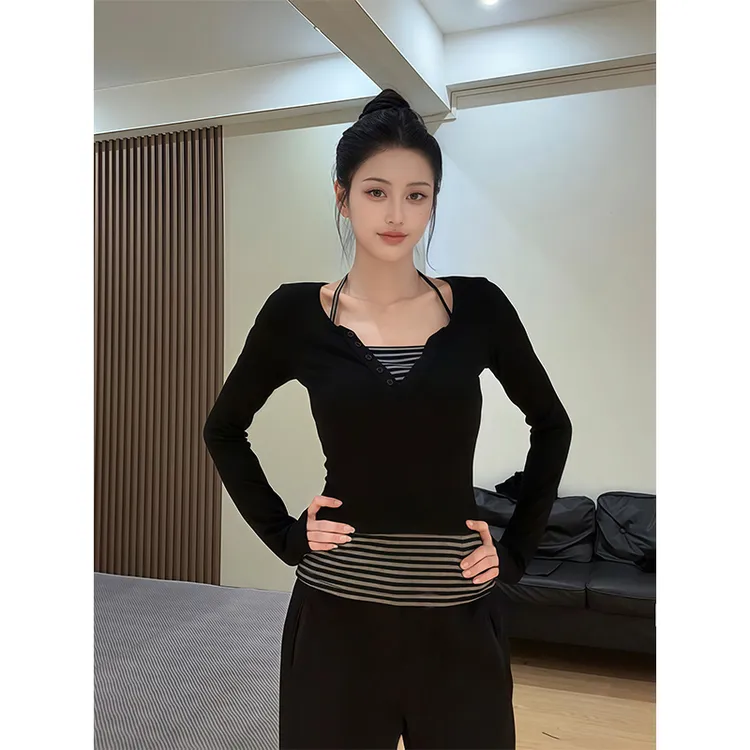 辣妹假两件撞色拼接条纹长袖T恤女秋季新款修身显瘦内搭打底上衣