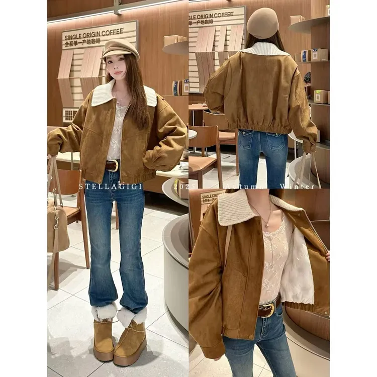 SG / 杨依姗 AW韩系针织撞色翻领皮绒羽绒外套WT-20252373