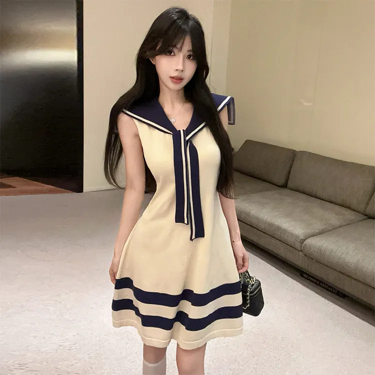 纯欲少女学院风海军针织连衣裙春夏学姐制服修身显瘦气质A字裙女 