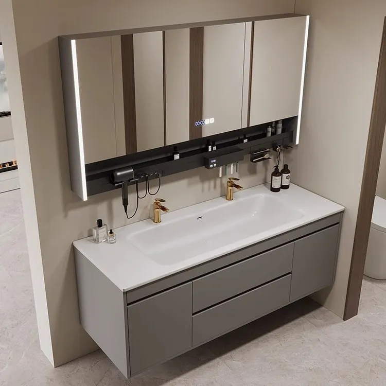 定制陶瓷一体大单盆双龙头浴室柜组合卫生间洗手盆多功能洗手池