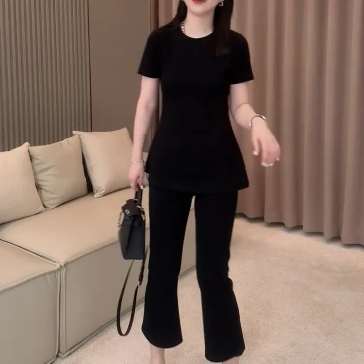 气质名媛淑女休闲风时尚套装洋气阔腿裤夏季微喇修身