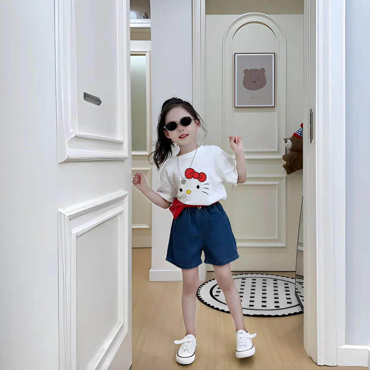 2025夏季新女童韩系可爱卡通印花短袖上衣女宝百搭简约牛仔短裤