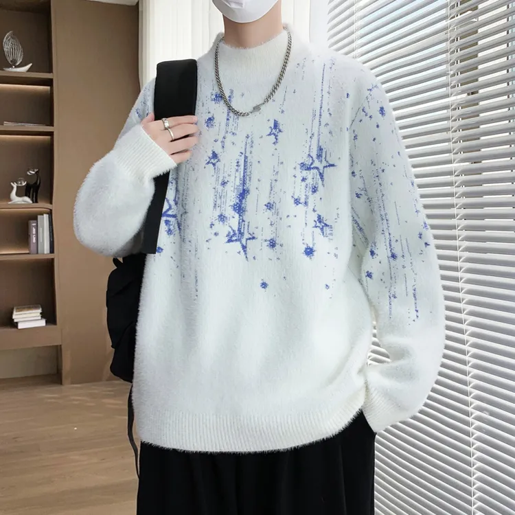 水貂绒半高领毛衣男学生渐变色加厚羊毛衫秋冬季休闲保暖针织衫男