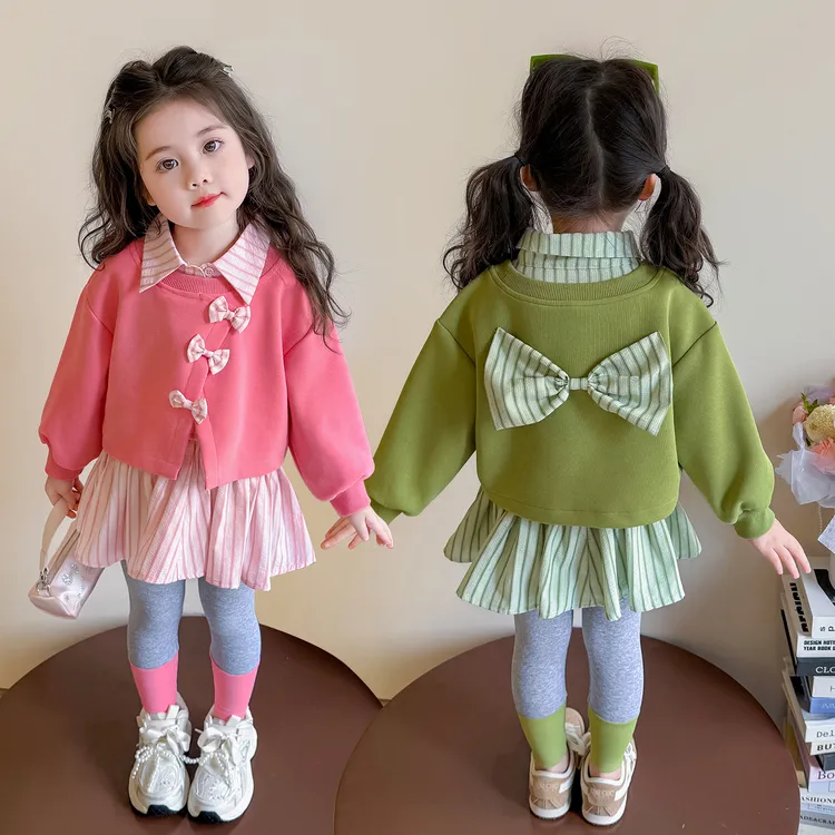 女童套装秋季2025新款洋气儿童蝴蝶结假两件秋装女宝宝两件套好看
