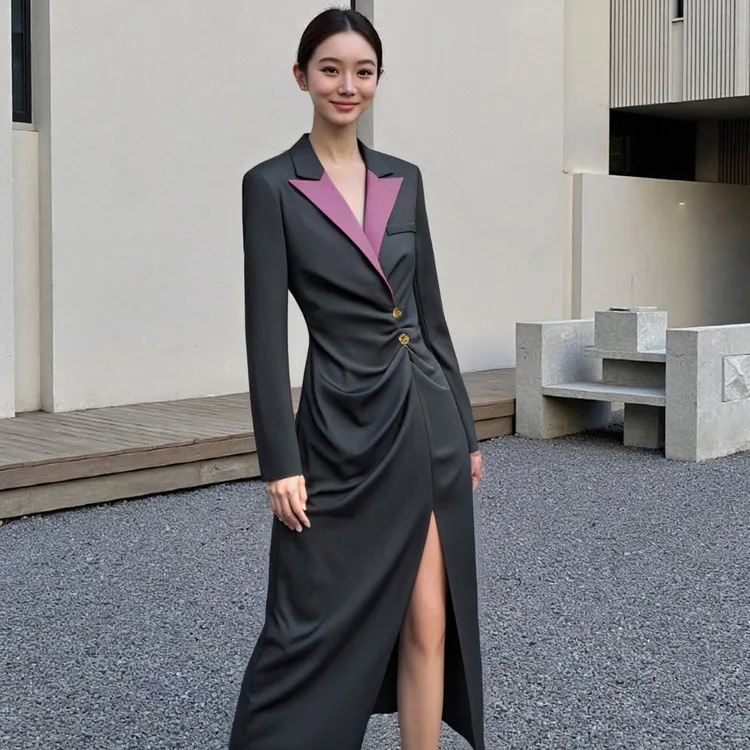 2025新款显瘦收腰连衣裙女高级感西装连衣裙开叉长裙HBZC621166