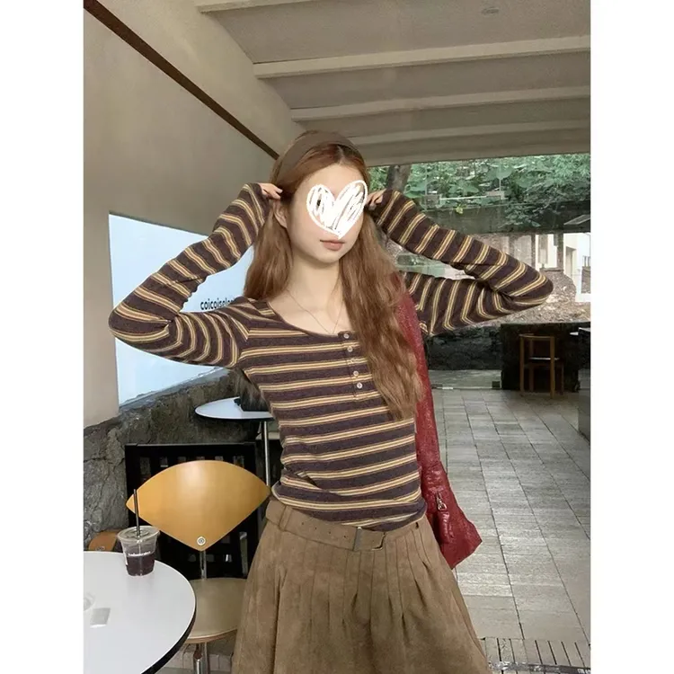 2025冬季新款韩系穿搭条纹设计感长袖打底T恤修身显瘦女上衣8021