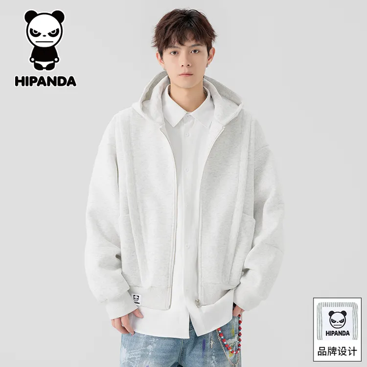HiPanda你好熊猫秋季连帽外套潮流轻奢百搭宽松休闲开衫卫衣男款