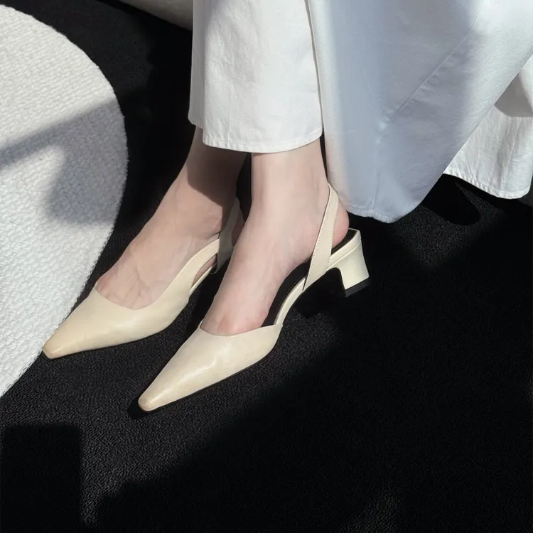 【XiGuo】5cm 法式尖头侧空休闲百搭凉鞋女浅口一字带气质女鞋