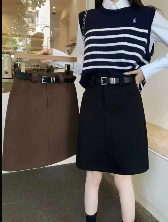 大码高腰a字裙中长款毛呢半身裙显瘦秋冬百搭遮肚子复古包臀裙子